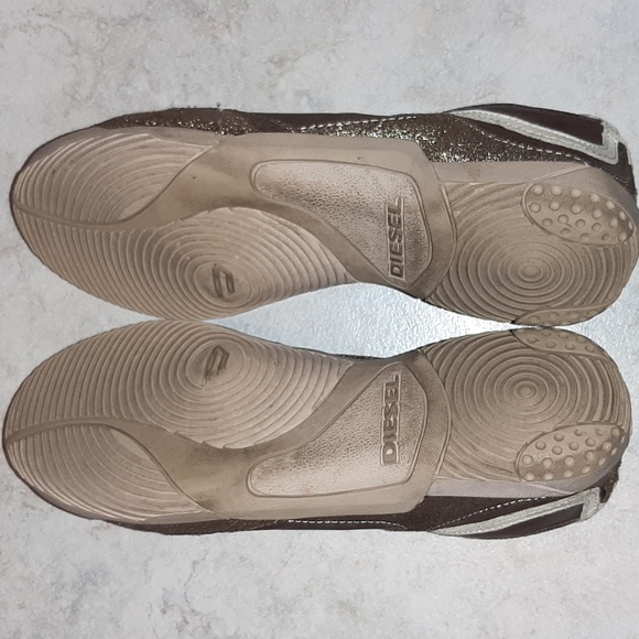 DIESEL Vintage Style Brown Leather Sneakers w Gold Trim - Women's 8-1/2 - Picture 7 of 12